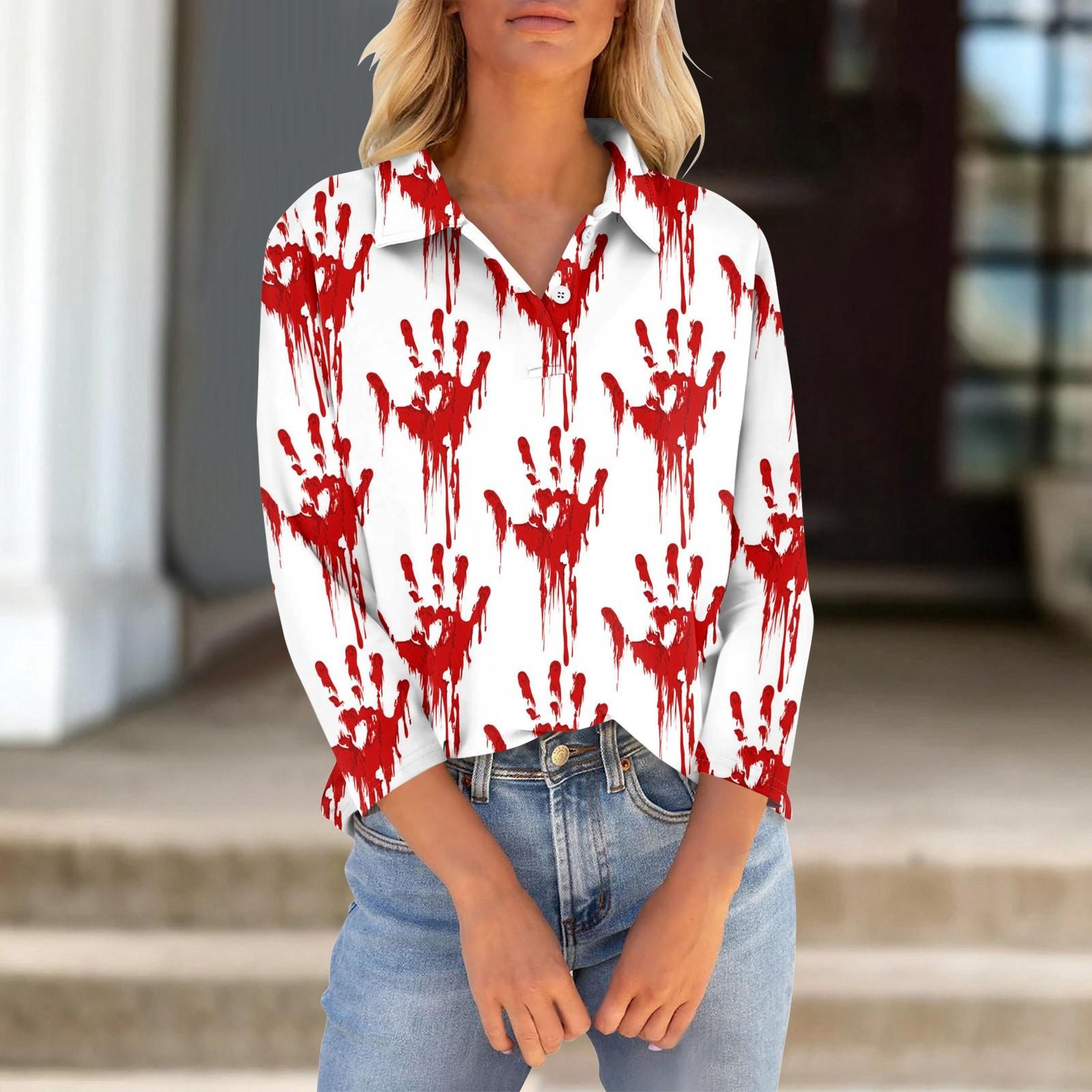 

Женская футболка с рукавами семь четвертей, V-образным вырезом, застегивающаяся на пуговицы, с принтом свободного кроя на Хэллоуин XL арбуз красный