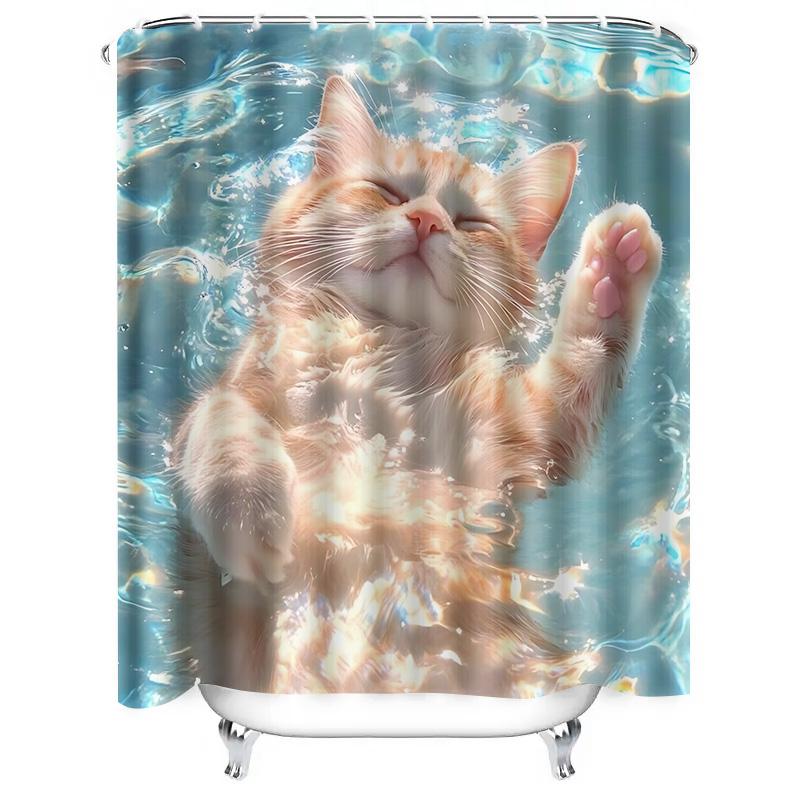 Adorable Cat Shower Curtain Cute Pet Design Waterproof Bathroom Decorative Liner Waterproof Durable For Stylish Home Upgrade