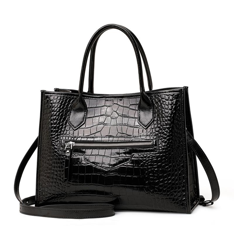 Aidrani Women s Glossy Crocodile Embossed Top-Grain Cowhide Tote Handbag, Zipper Closure Crossbody Shoulder Bag with Detachable Strap L
