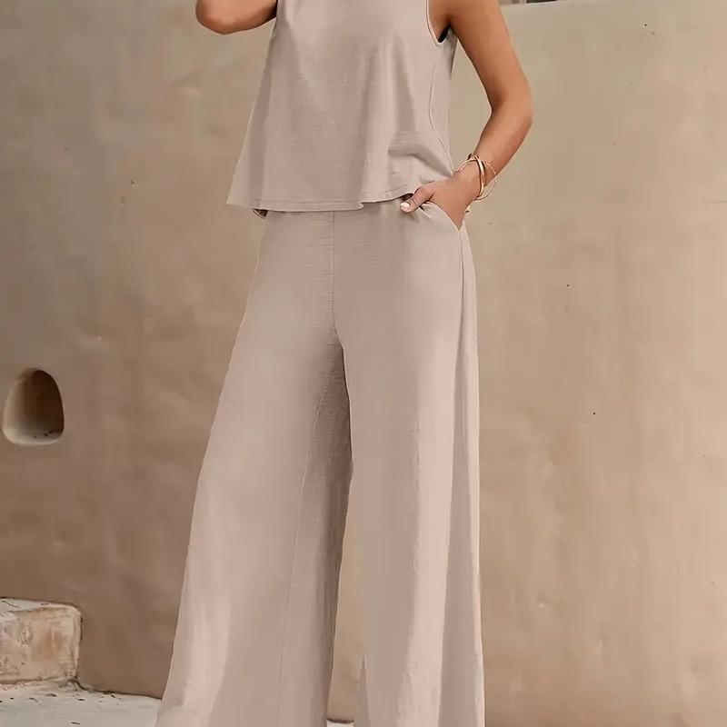 New Women's Sleeveless Vest And Trousers Two Piece Set Fashion Solid Color Two Piece Round Neck Top Pants Suit Casual Set