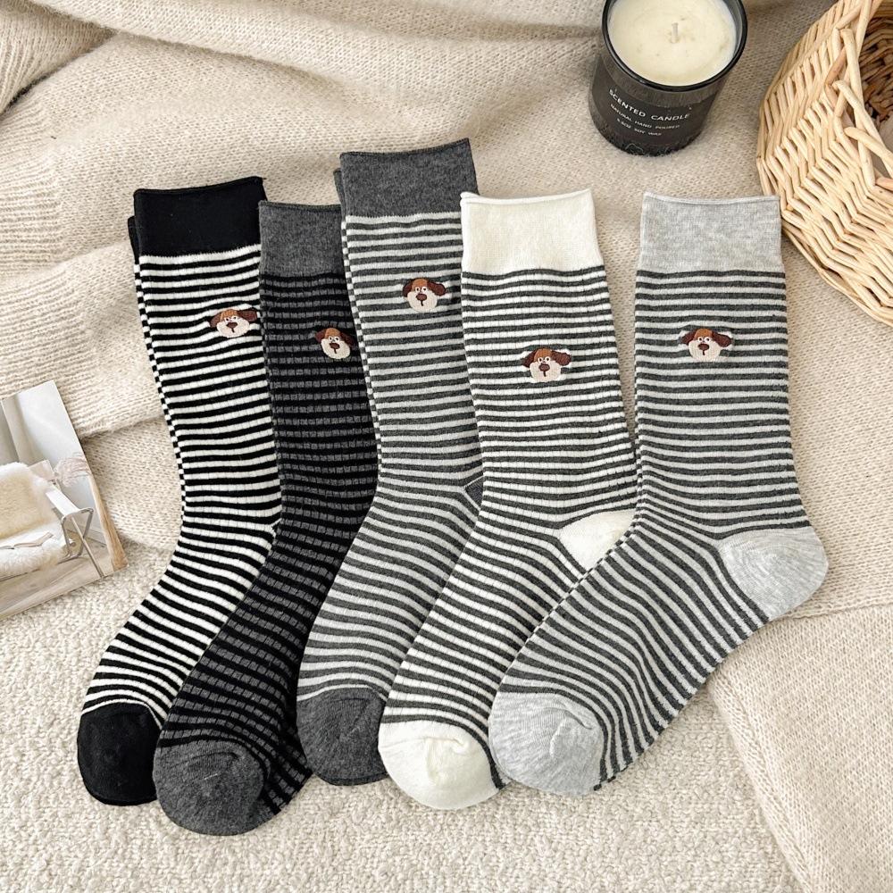 Socks Autumn Embroidery Cartoon Dog Medium Tube Socks Trend Brand Korean Striped Stacking Socks Cotton Socks Women