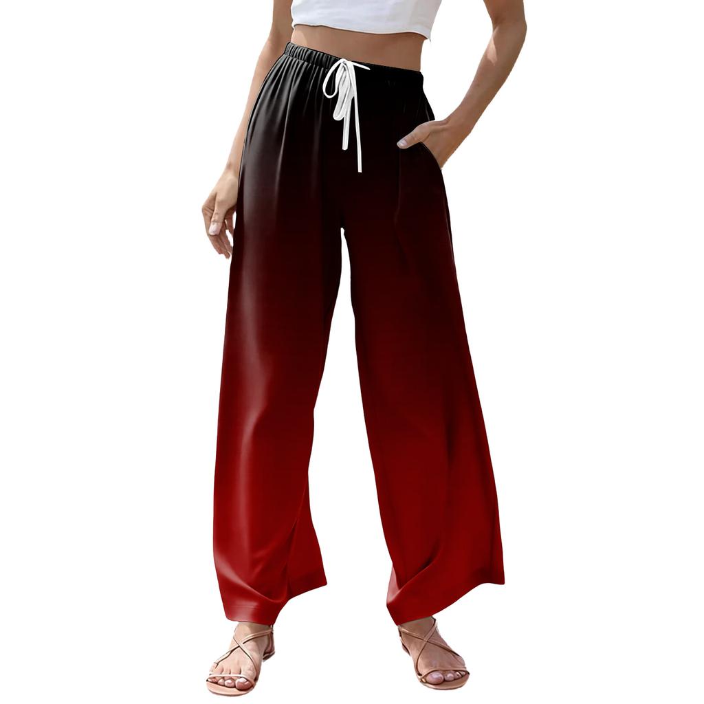 Women's Casual Gradient Print Wide Leg Drawstring Pocket Beach Casual Pants