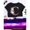 Letter combination fashion women's T-shirt pink flower letter font A-Z short sleeved top black T-shirt women
