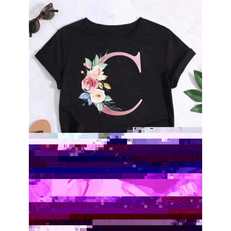 Letter combination fashion women's T-shirt pink flower letter font A-Z short sleeved top black T-shirt women