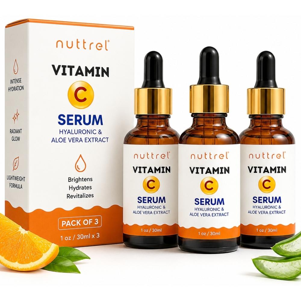 Nuttrel Vitamin C Serum Pack of 3 | Hyaluronic Acid & Aloe Vera | Lightweight Hydrating Face Serum | Daily Skin Care 30ml 30ml
