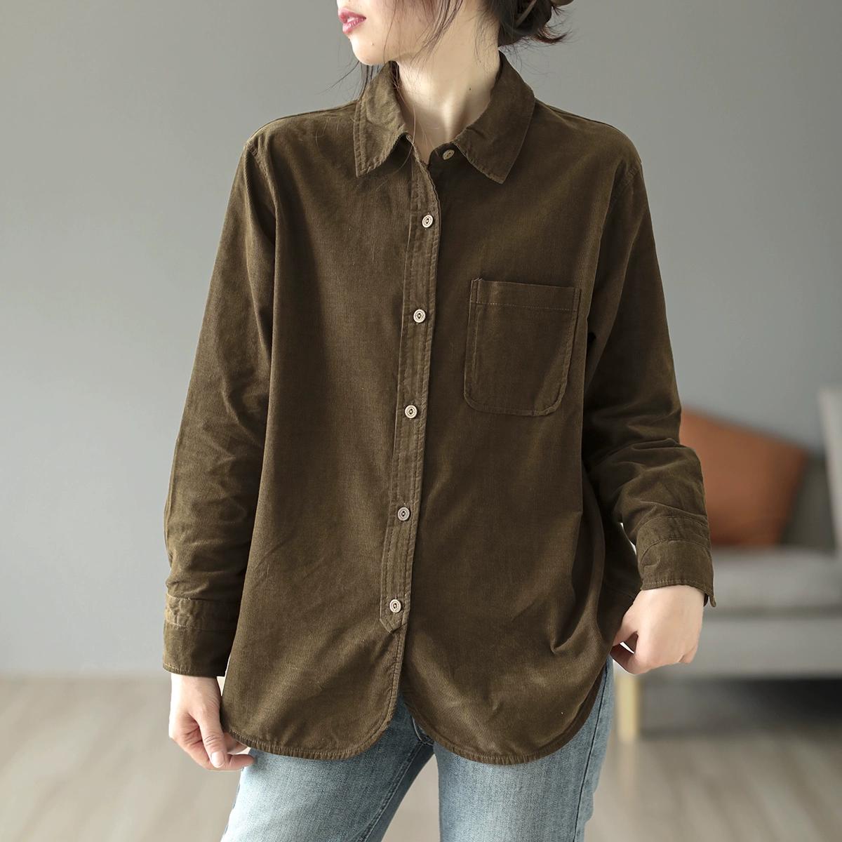 

Dimanaf 2024 Новая женская блузка, пальто, вельветовые куртки, осенняя винтажная верхняя одежда, однотонная, с длинным рукавом, свободная блузка на пуговицах One size