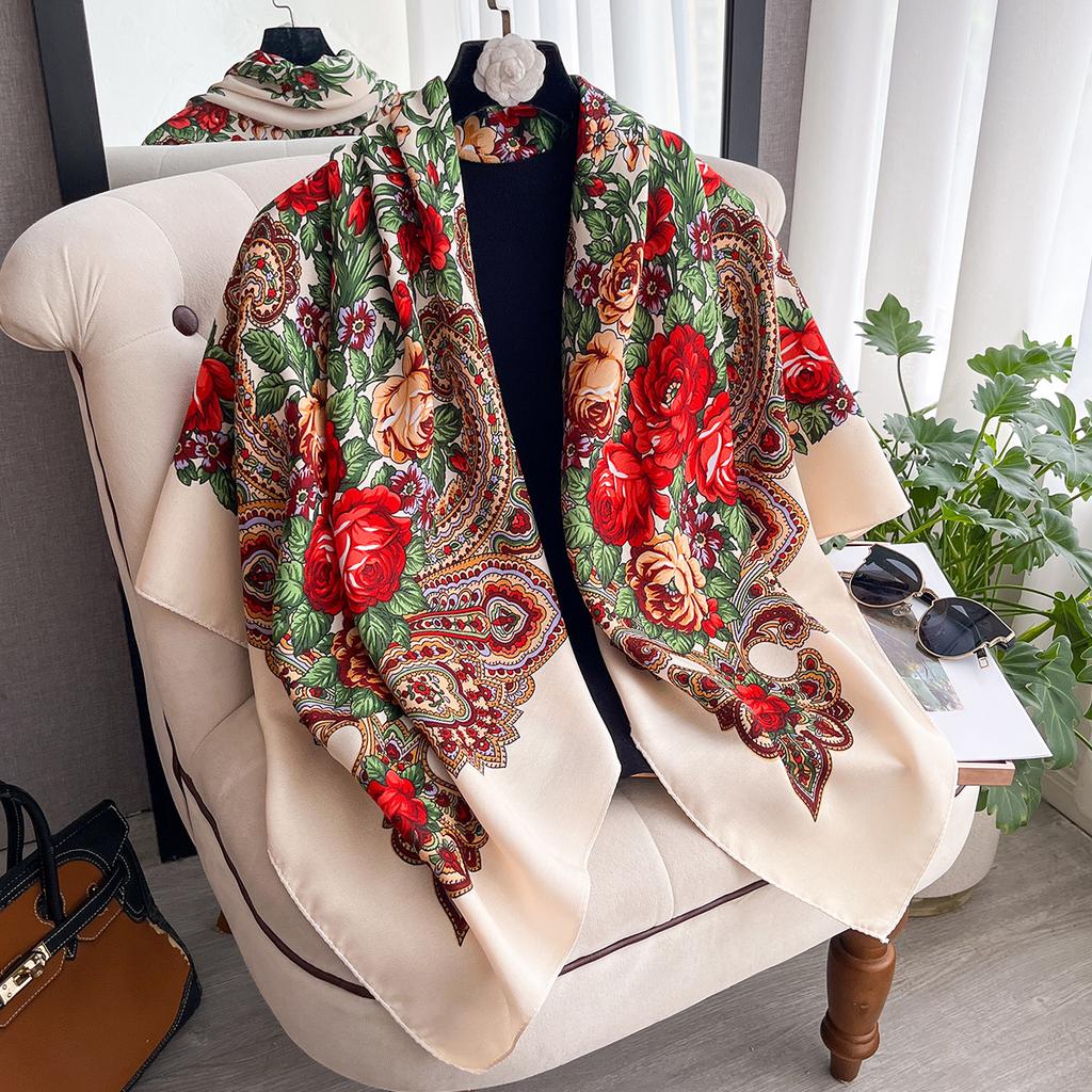 Women Russian Floral Scarf Ethnic Style Square Bandana Head Scarves Ladies Handkerchief Headband Silk Scarf Hair Wraps