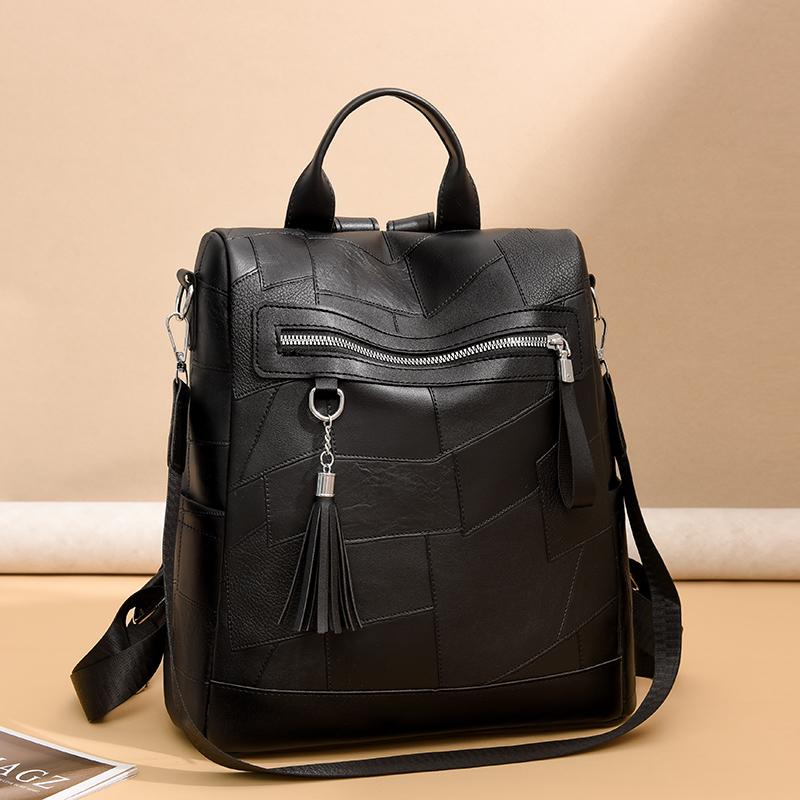 Women's PU Backpack with Patchwork Design Large Capacity Shoulder Bag for Daily Travel