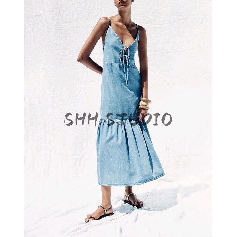 Summer New Product Women's Clothes Back Elastic Design V Neck Bowknot Decoration Sling Midi Skirt Dress 7484083