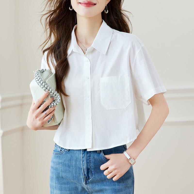 Women s 2026 Summer Loose Fit Cotton Cocoon Lapel Short-Sleeve Shirt Medium белый