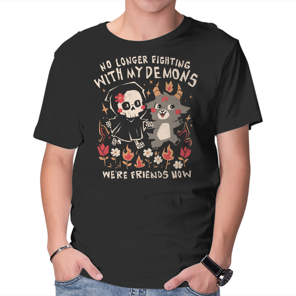 Unisex Crew Neck T-Shirt Friends With My Demons Graphic Short Sleeve Casual Tee XS