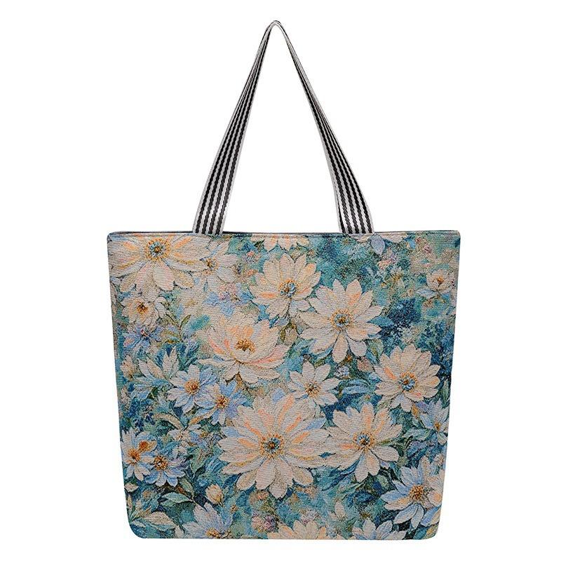 Large capacity tote bag gold silk embroidery canvas bag source creative pattern single-sided embroidery women's shoulder bag
