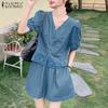 ZANZEA Women Lace Patchwork Short Sleeve Blouse and Shorts Summer Two Piece Suit Sets