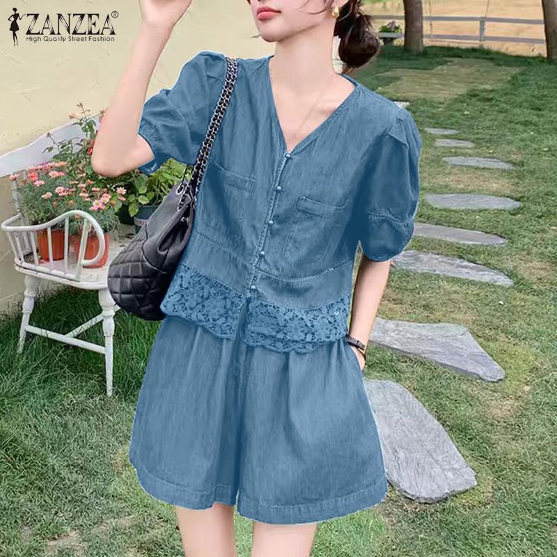 ZANZEA Women Lace Patchwork Short Sleeve Blouse and Shorts Summer Two Piece Suit Sets