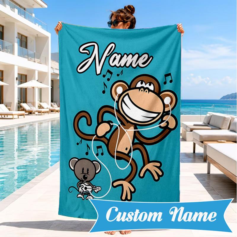 Custom Name Monkey Refuses Listen Heart In Space Adventure Microfiber Beach Towel, Lightweight for Summer Travel, Swimming Pool Fan Gift