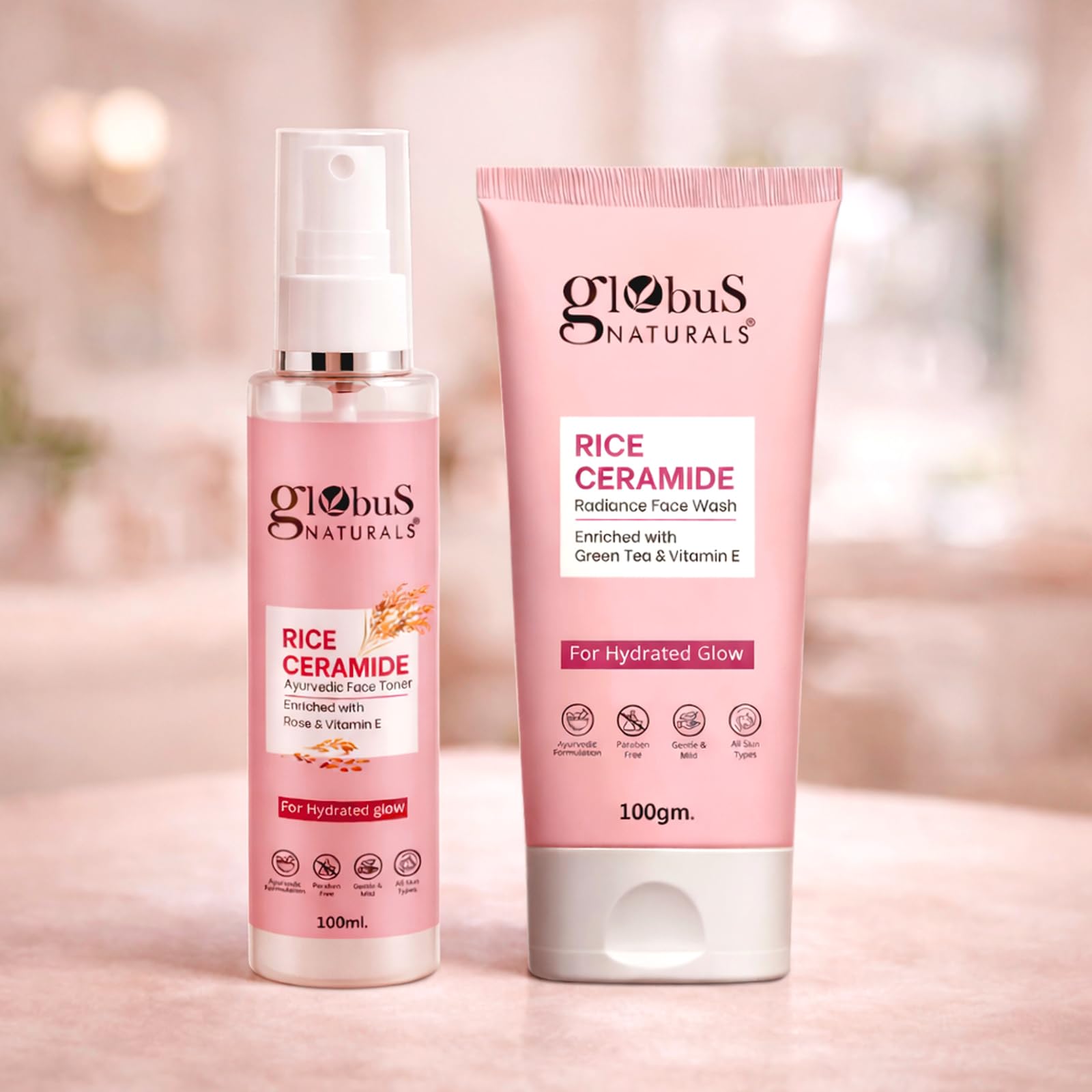 Globus Naturals Rice Ceramide Combo For Korean Glass Skin, Set of 2, Face wash100 gm, Face Toner 100 ml