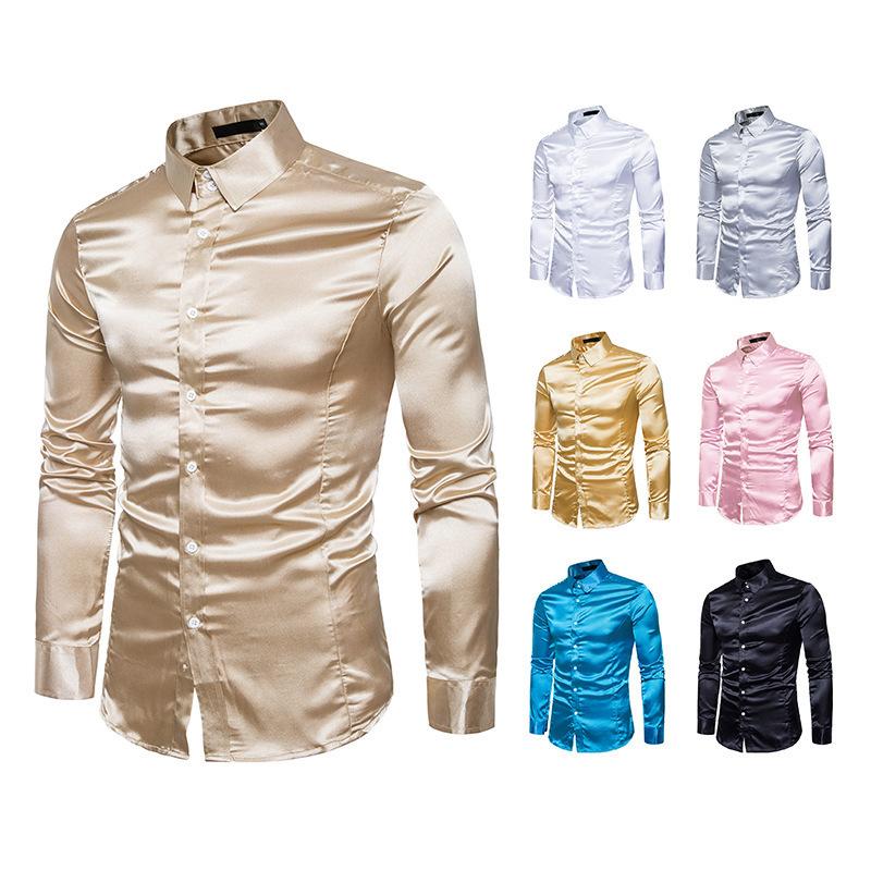 New Spring And Autumn Winter Men'S Solid Color Casual Shirt Men'S Fashion Trend Bright Face Collar Long Sleeve European Size Shirt