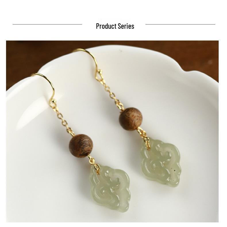 Handmade Chinese-Style Hetian Jade & Agarwood Earrings with Ear Hooks - Versatile Design for Women