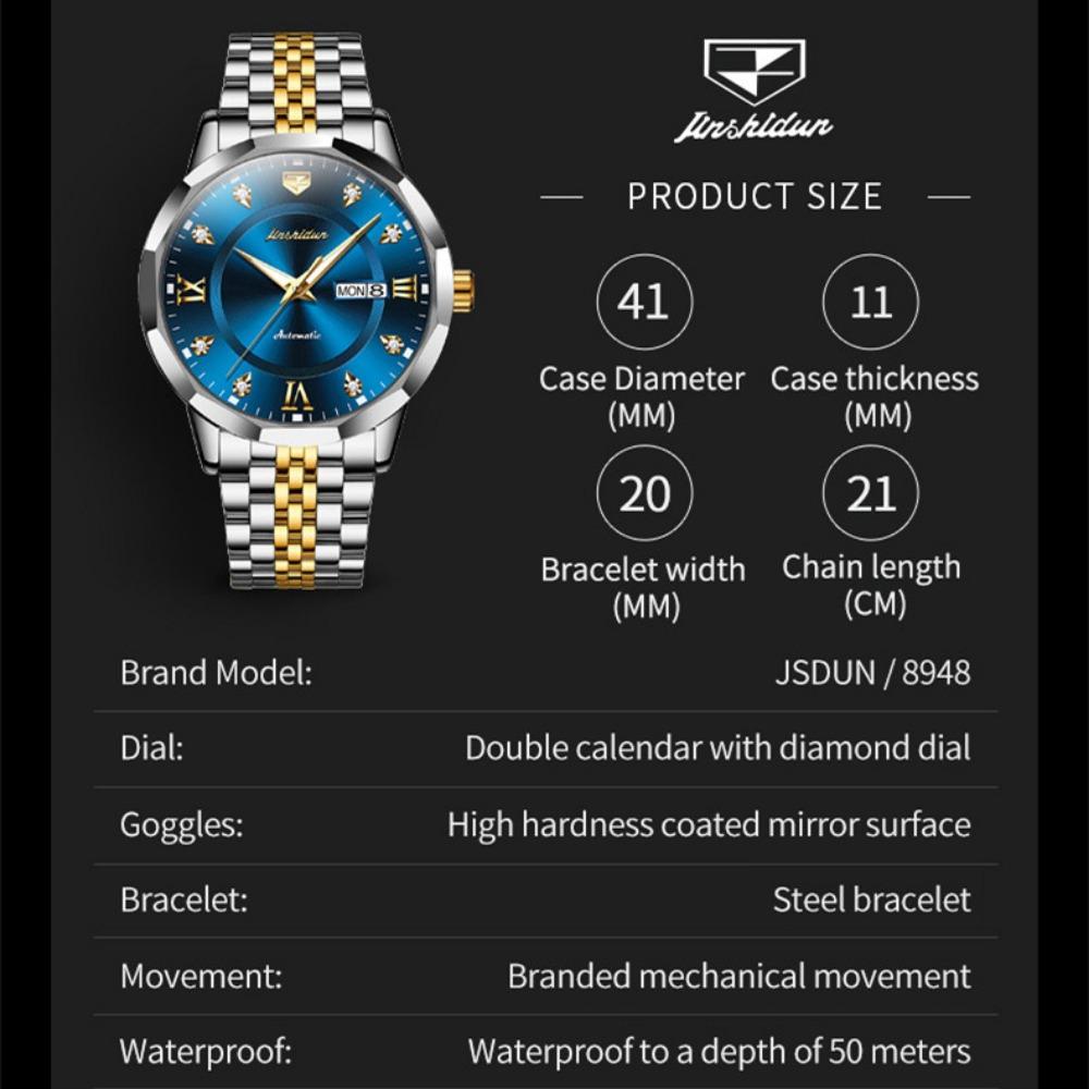 JINSHIDUN New Business and Leisure Men's Watch Elegant Business Double Calendar Mechanical Watch Waterproof Business Men's Watch