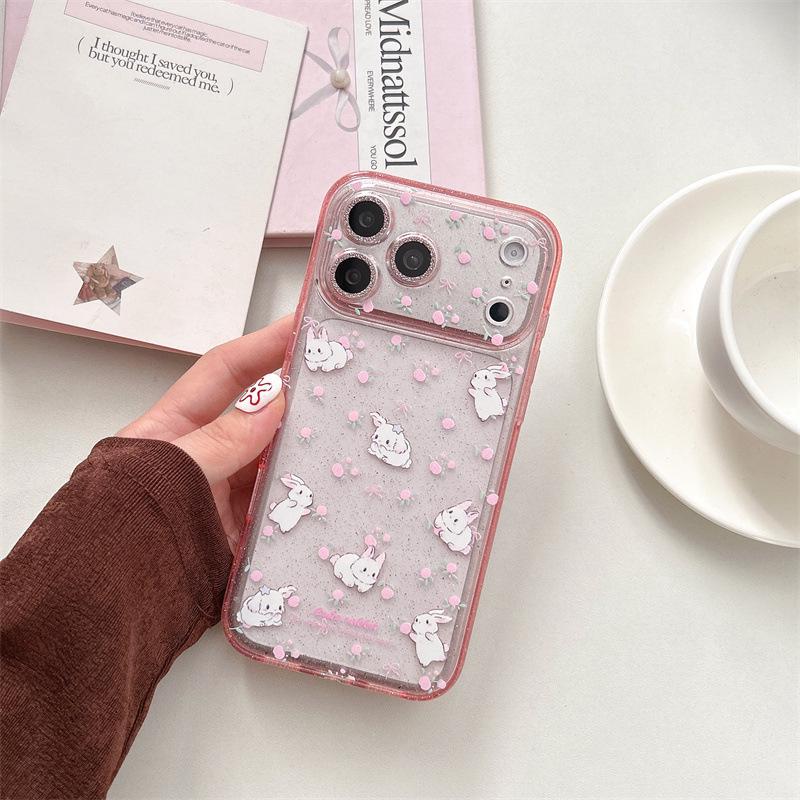 iPhone 17/16 Pro Max/15/14 Case - Glitter Flowers & Rabbits Design for Girls