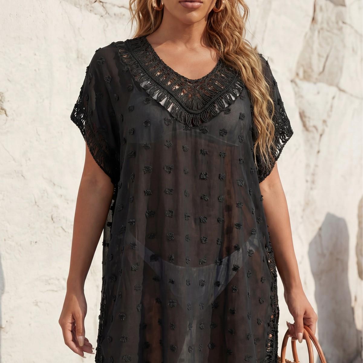 

Sexy Women s Beach Cover-up with Three-dimensional Jacquard Embroidery and Patchwork Design, Loose Bikini Outerwear One size чёрный