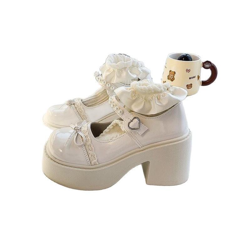 French small fragrant muffin Mary Jane single shoes women's autumn new high heels with skirt pearl jk small leather shoes
