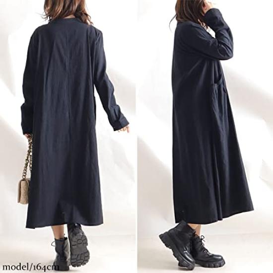 Gold Japan Plus Size Long Solid Korean Size Black Women's Dress, Sleeve, Wrinkle-Resistant Cotton, Color, Pockets, Style, Goldy-884, 3L,