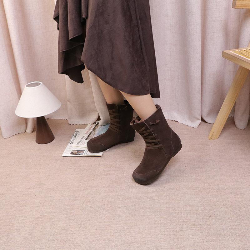 Johnature Plush Cow Suede Plush Women's Mid-calf Boots Retro Lace-up Warm Flat Bottom Snow Boots