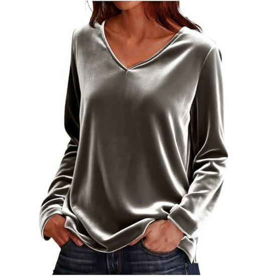 2026 Europe & America Spring/Autumn Women's V-Neck Long Sleeve Loose Solid T-Shirt