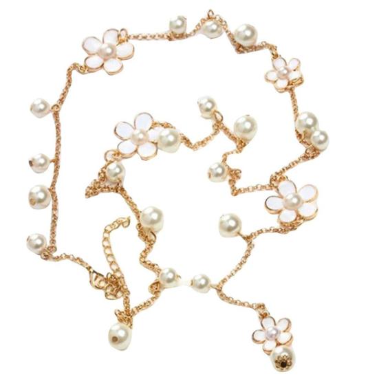 Women Elegant Faux Pearl Flower Sweater Chain Long Pendant Necklace Jewelry