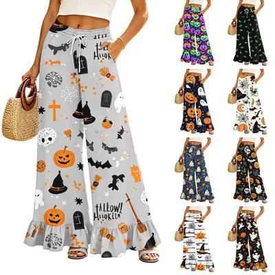 Women's Halloween Print Wide Leg Pants High Waist Drawstring Casual Loose Fit Long Trousers with Pockets
