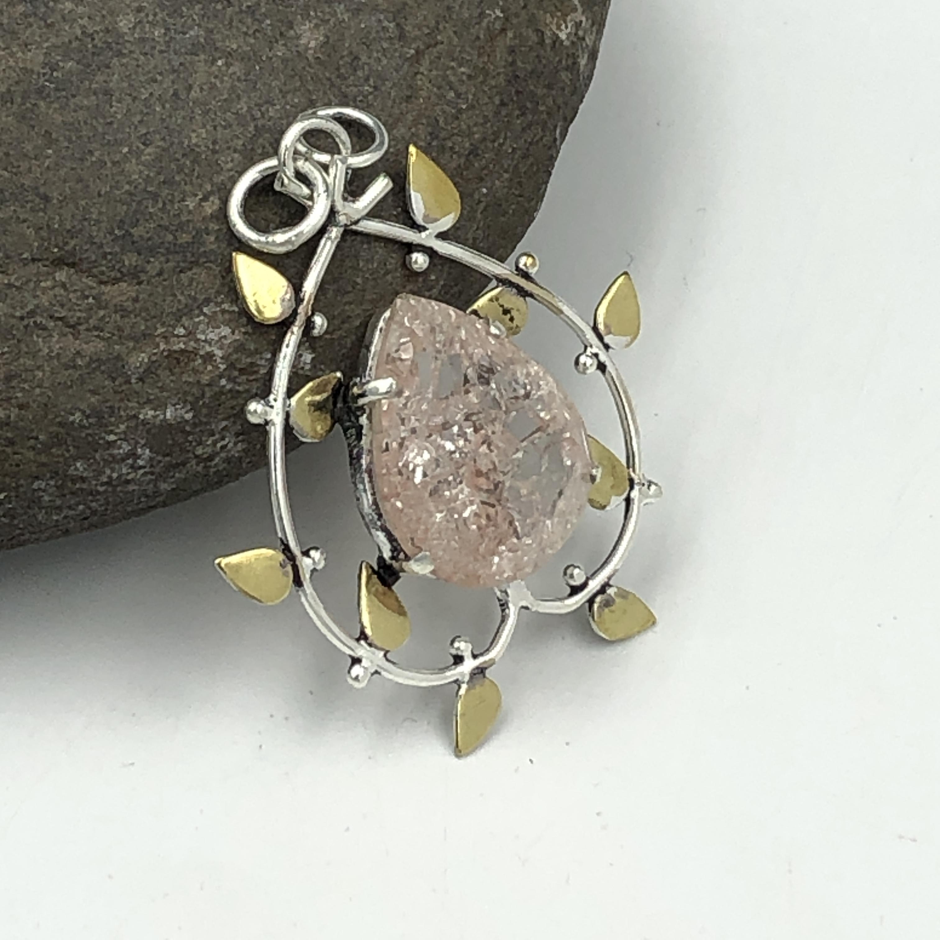 Natural Pink Crack Crystal Gemstone 925 Sterling Silver Jewelry  Pendant 1.71  AJP-65