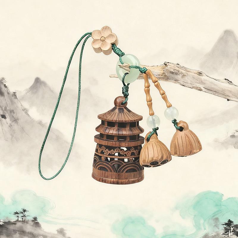 Green Sandalwood Lotus Pod Carved Keychain Pendant - Unscrewable Charm for Phones & Bags