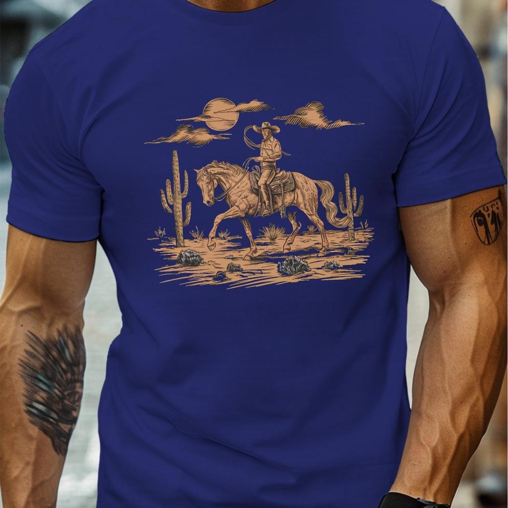 Cowboy Horse Riding Graphic Tee Mens Cotton Desert Scene Print Crew Neck Casual Short Sleeve TShirt