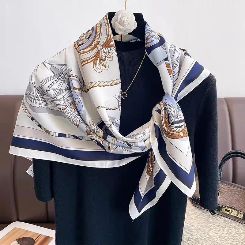 Square Scarf Handmade Shawl Headscarf Curling Geometric Striped Temperament Women'S Professional Square Silk Sunscreen New 90Cm