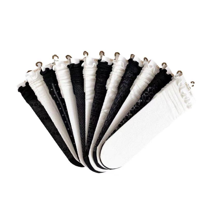 Spring Summer Fashion Women Socks Lady Long Black White Lace Harajuku Ruffle Casual Sweet Kawaii Floral Breathable Luxury Lolita