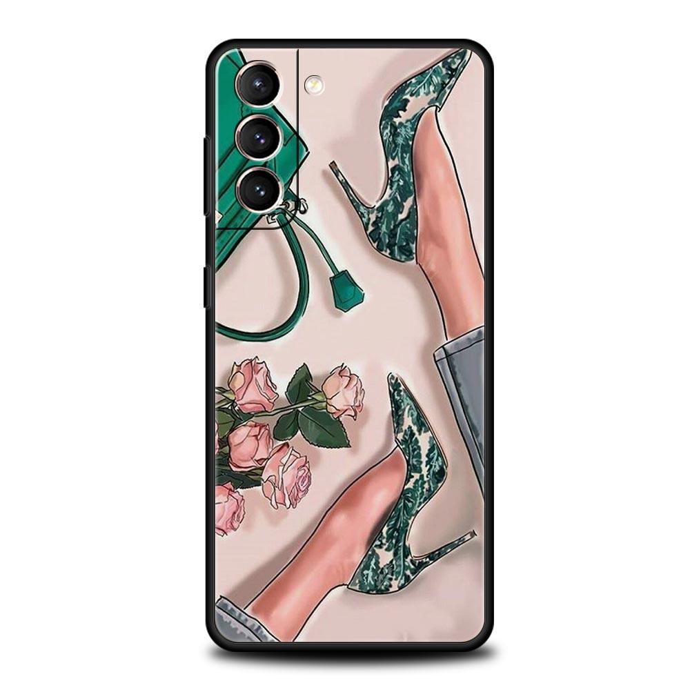 Mode High Heels Mädchen Frau Handyhülle Für Samsung Galaxy S26 Ultra S25 Plus S24 FE S23 S22 5G S21 S20 Hülle Schwarz Weich