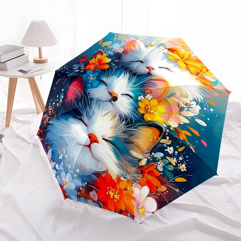 1pc Two Cats Surrounded by Colorful Flowers Pattern Beautiful Looking Automatic Folding Umbrella, 3 Folding, 8 Iron Frame Design, Durable and Sui