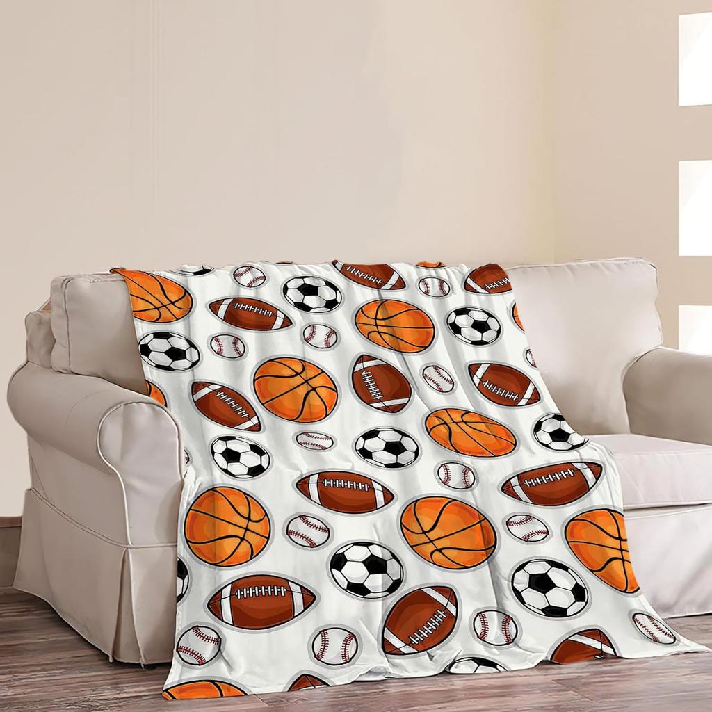Sports Ball Pattern Throw Blanket Basketball Football Soccer Baseball Design for Kids Room Decor Gift for Him BoyGift