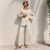 Womens 2026 Solid Color Turn-Down Collar Long Sleeve Shirt Elastic Waist Tie-Front Casual Pant Set