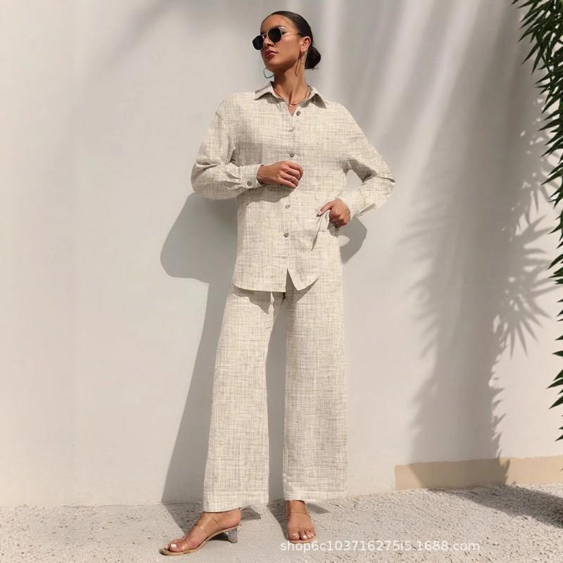 Womens 2026 Solid Color Turn-Down Collar Long Sleeve Shirt Elastic Waist Tie-Front Casual Pant Set