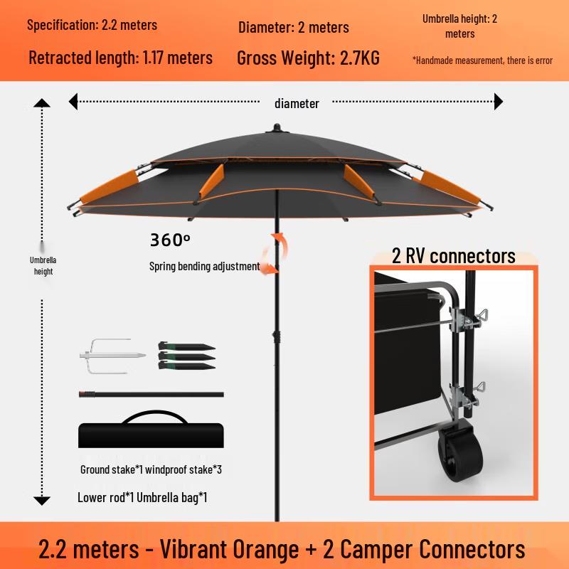 Vibrant Orange Outdoor Camping Cart Sunshade Umbrella with 2 Connectors