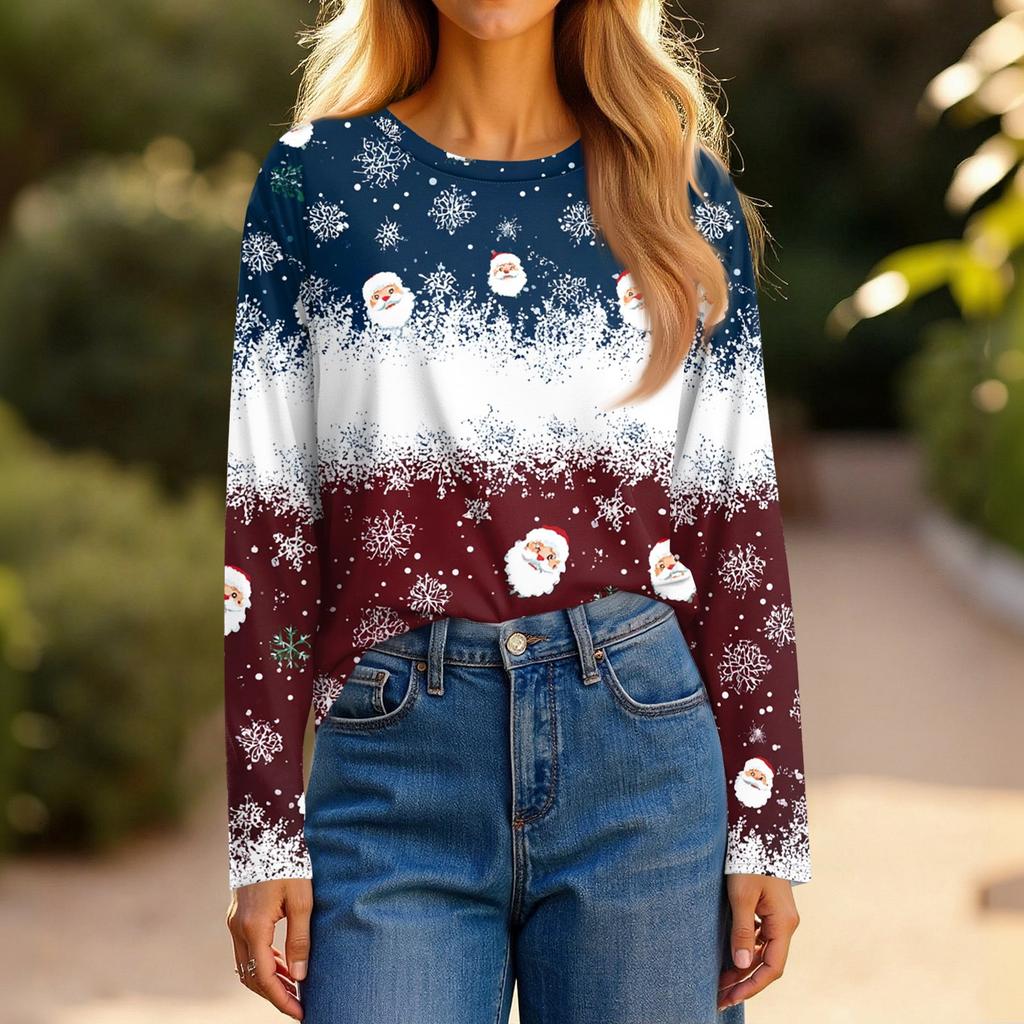 Women's Fashion Casual Slit Hem Round Neck Long Sleeve Loose Christmas Printed T-Shirt Ladies Top