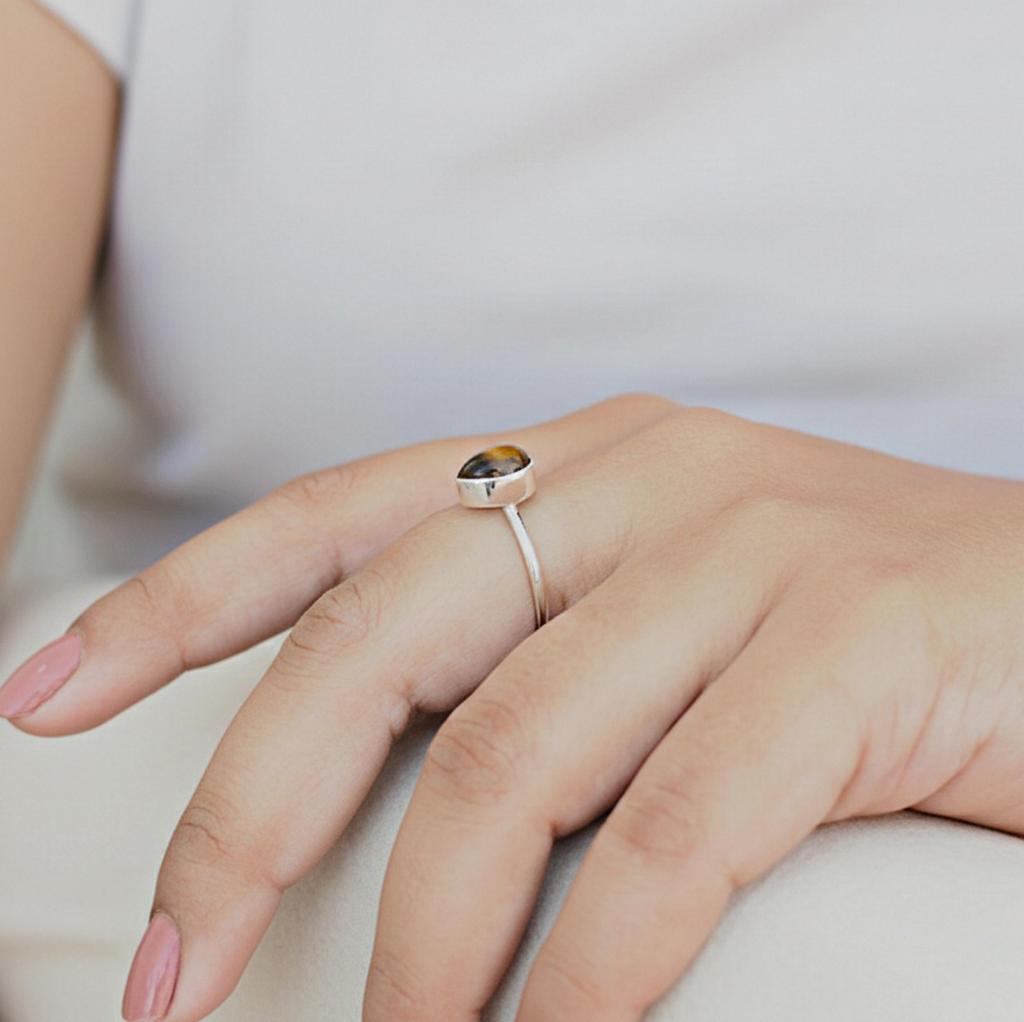 Pear Shape Tiger Eye Stacking Ring, 925 Solid Sterling Silver, Minimalist Statement Boho Gemstone for Women