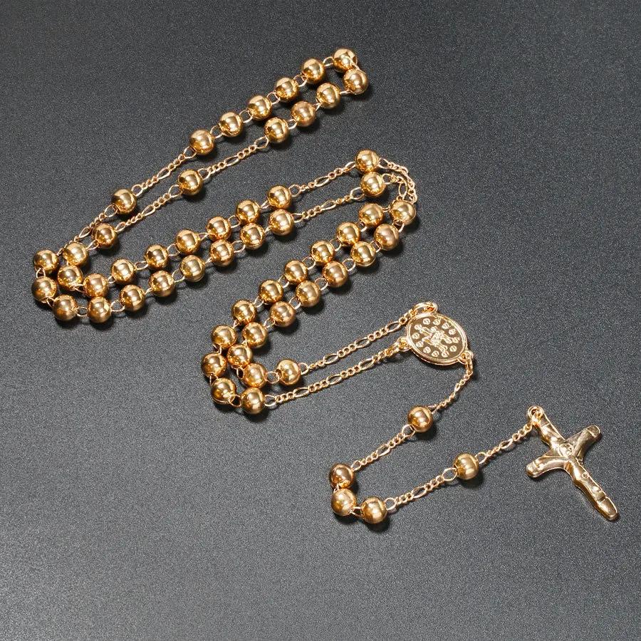 Catholic Rosary Pendant Necklaces For Women 6MM Beads Chain Crucifix Cross Long Necklace Men Religious Praye Jewelry