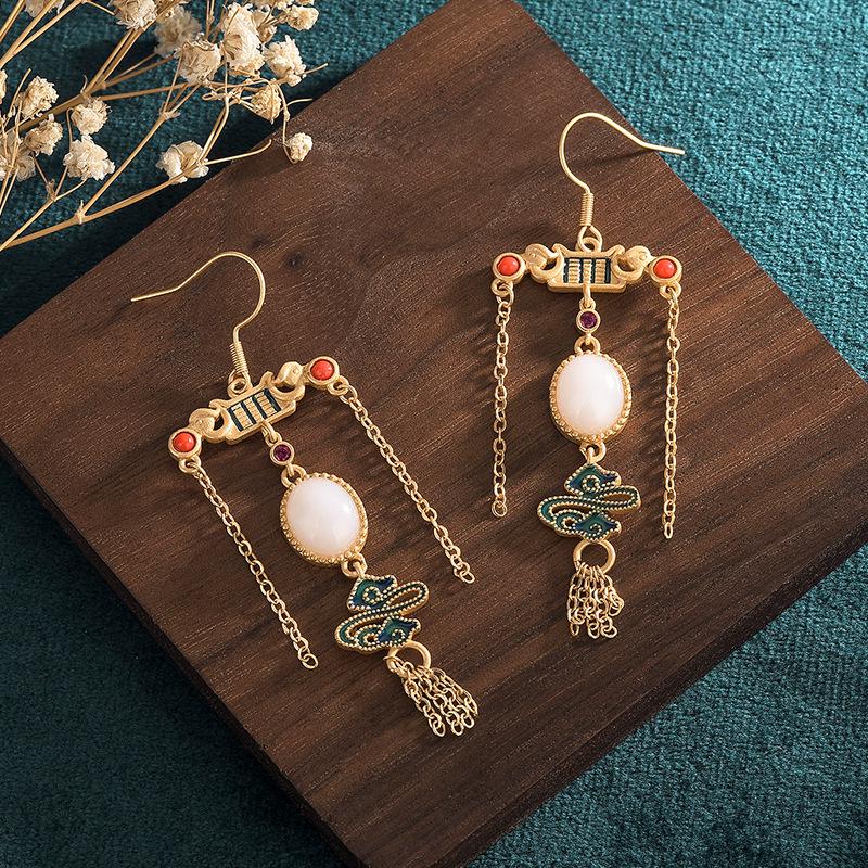 Vintage Chinese Hanfu Earrings with Hetian Jade Tassels