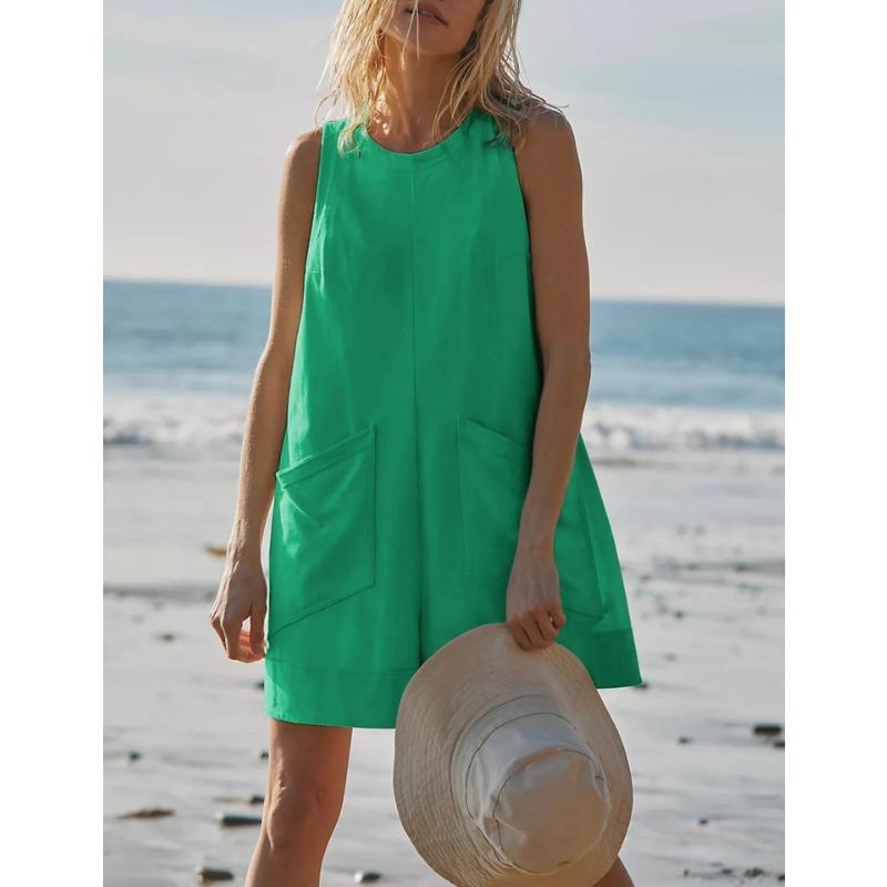 Casual Jumpsuit Summer Loose Sleeveless Pocket Body Shorts Women
