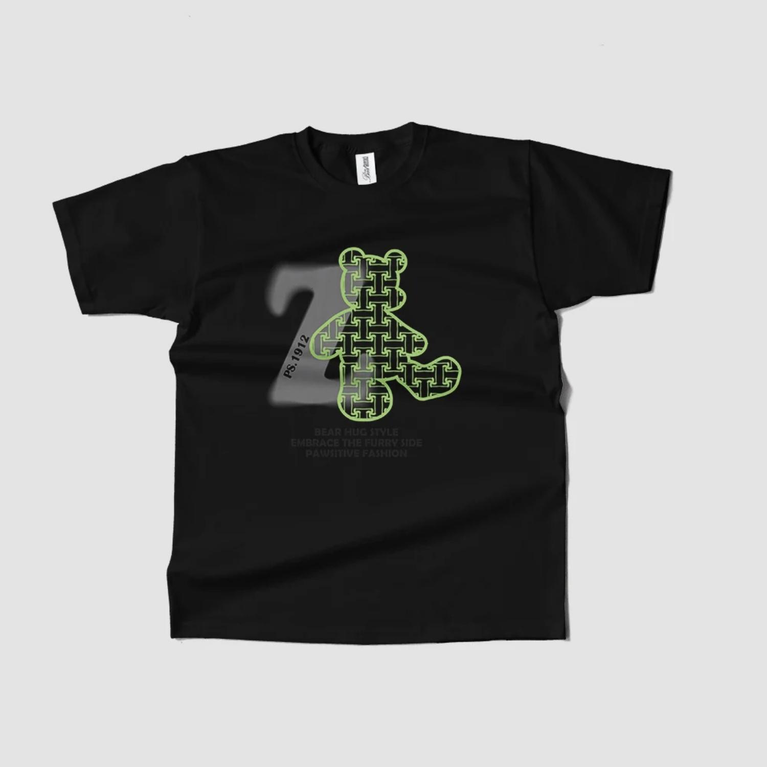 Черная футболка с неоново-зеленым принтом медведя Повседневная летняя футболка для женщин Удобная и стильная Идеальна для повседневной носки и игр S чёрный