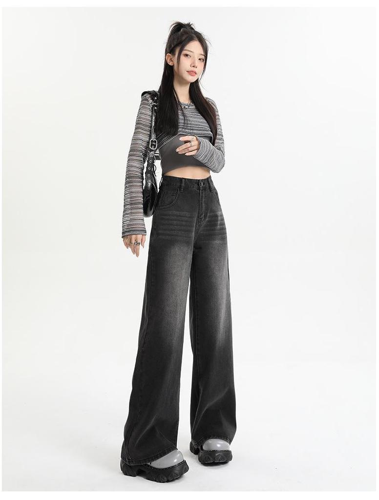 Women's Black Wide Leg Jeans for Pear-Shaped, High Waist Slimming Loose Straight Leg, Floor-Length Trousers for Spring and Autumn.