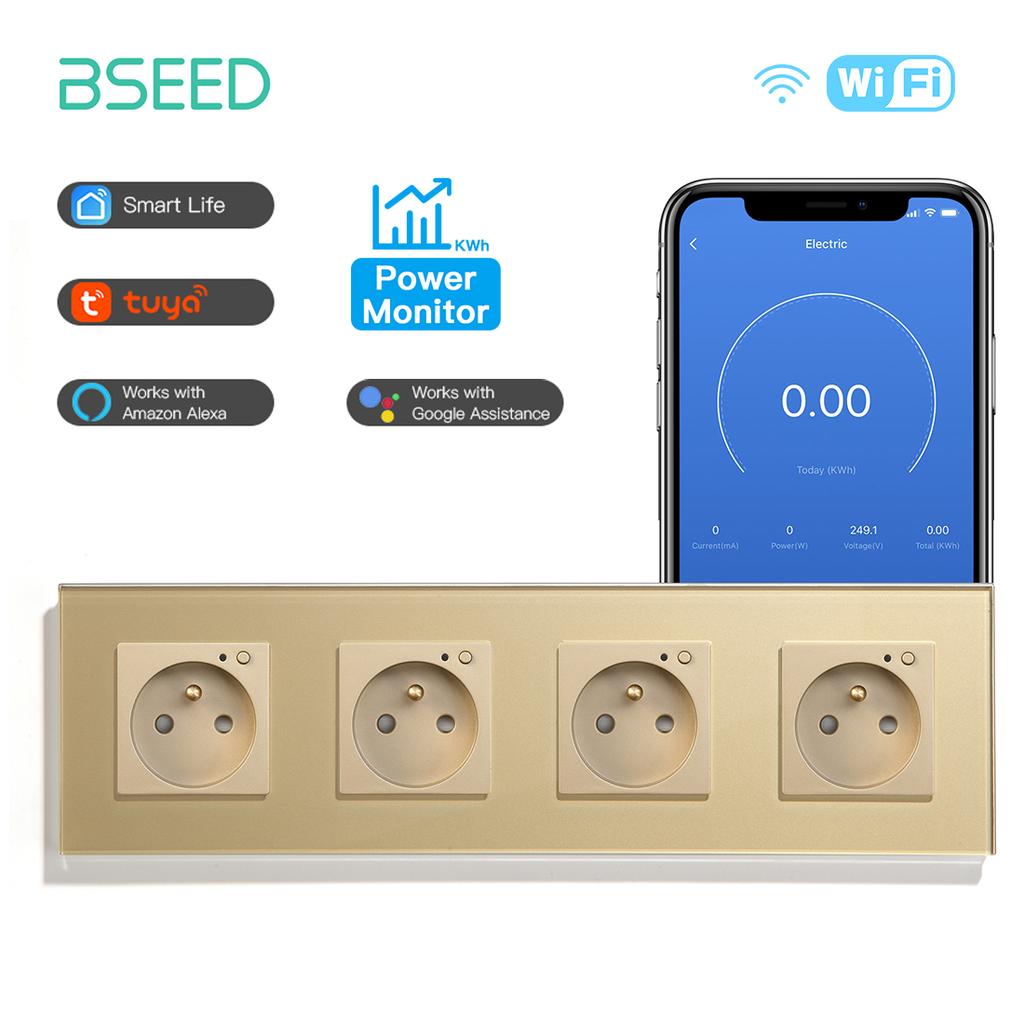 BSEED Single Wifi French Socket Double Power Monitor Wall Sockets Triple Smart Outlets Glass Frame Tuya Smart Life Control